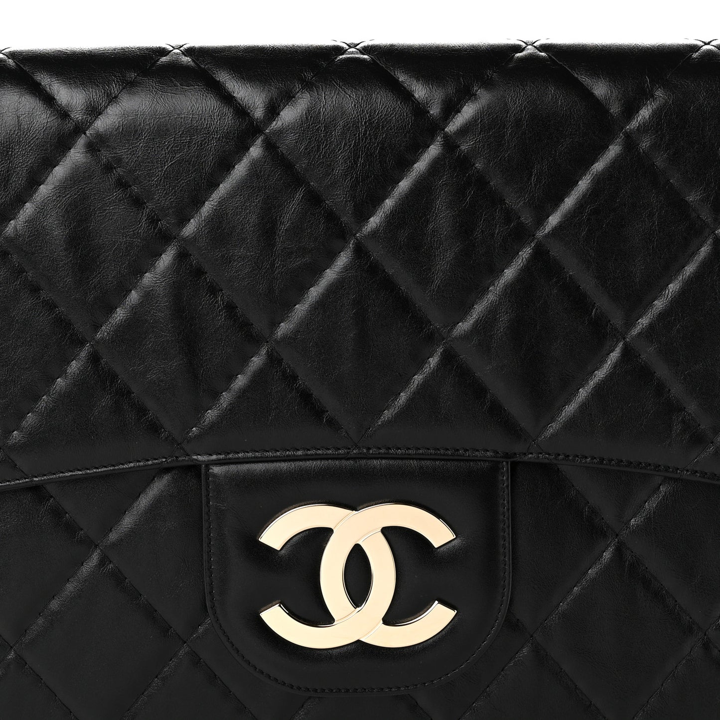 Shiny Crumpled Calfskin Quilted Large Clutch Black