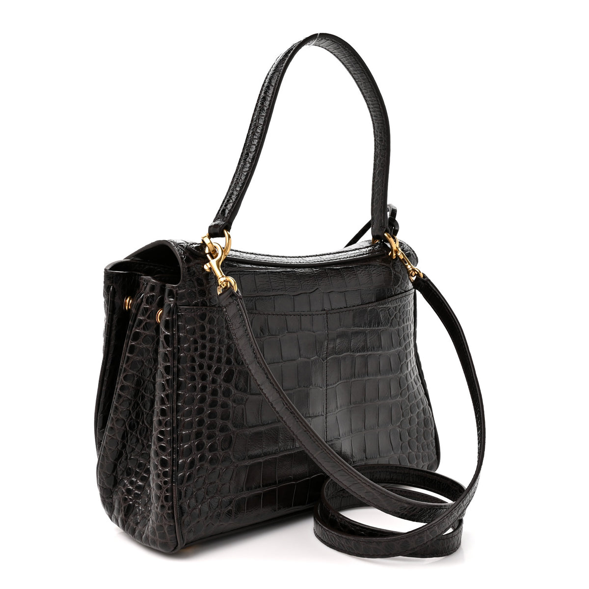 Shiny Calfskin Crocodile Embossed Small Rodeo Top Handle Handbag Espresso