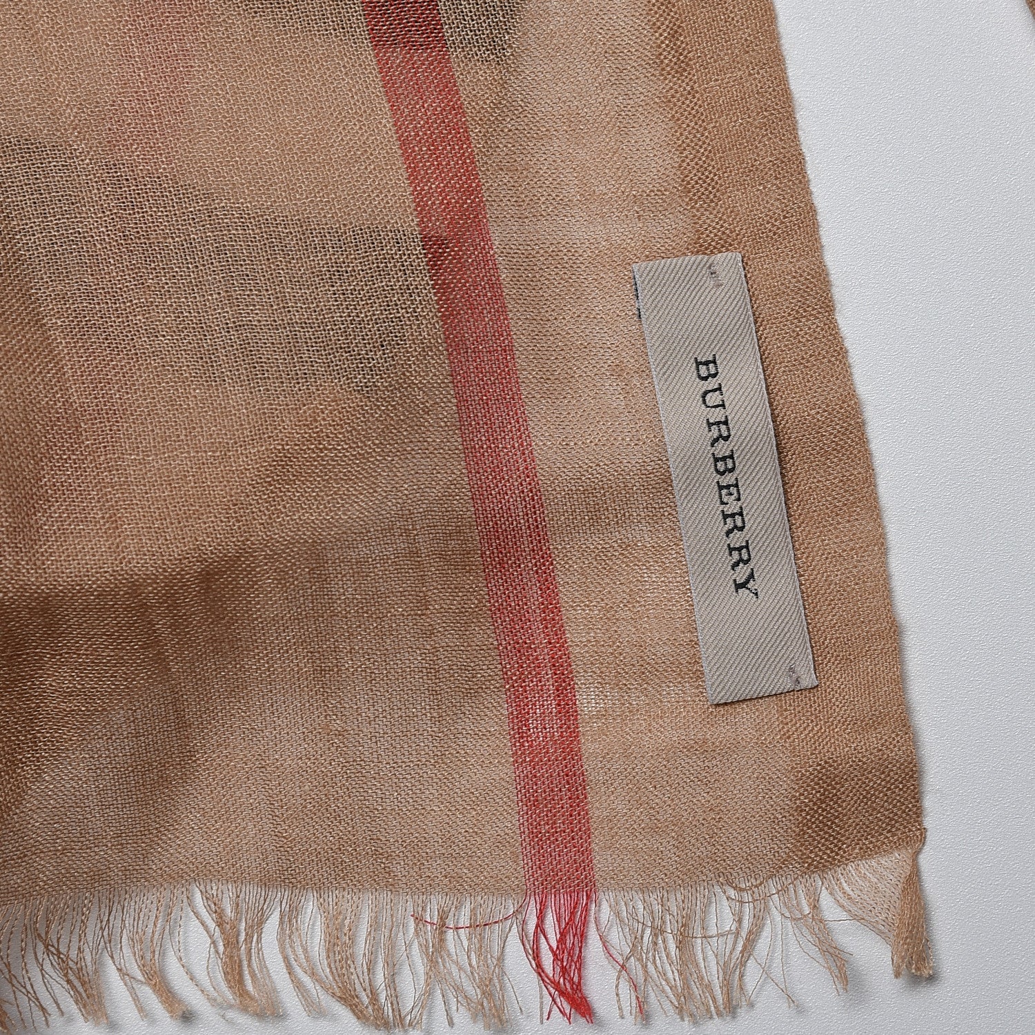 Burberry Wool Silk House Check Lightweight Scarf Camel 5 of 5