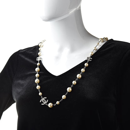 Chanel Crystal Pearl CC Long Necklace Silver 2 of 4