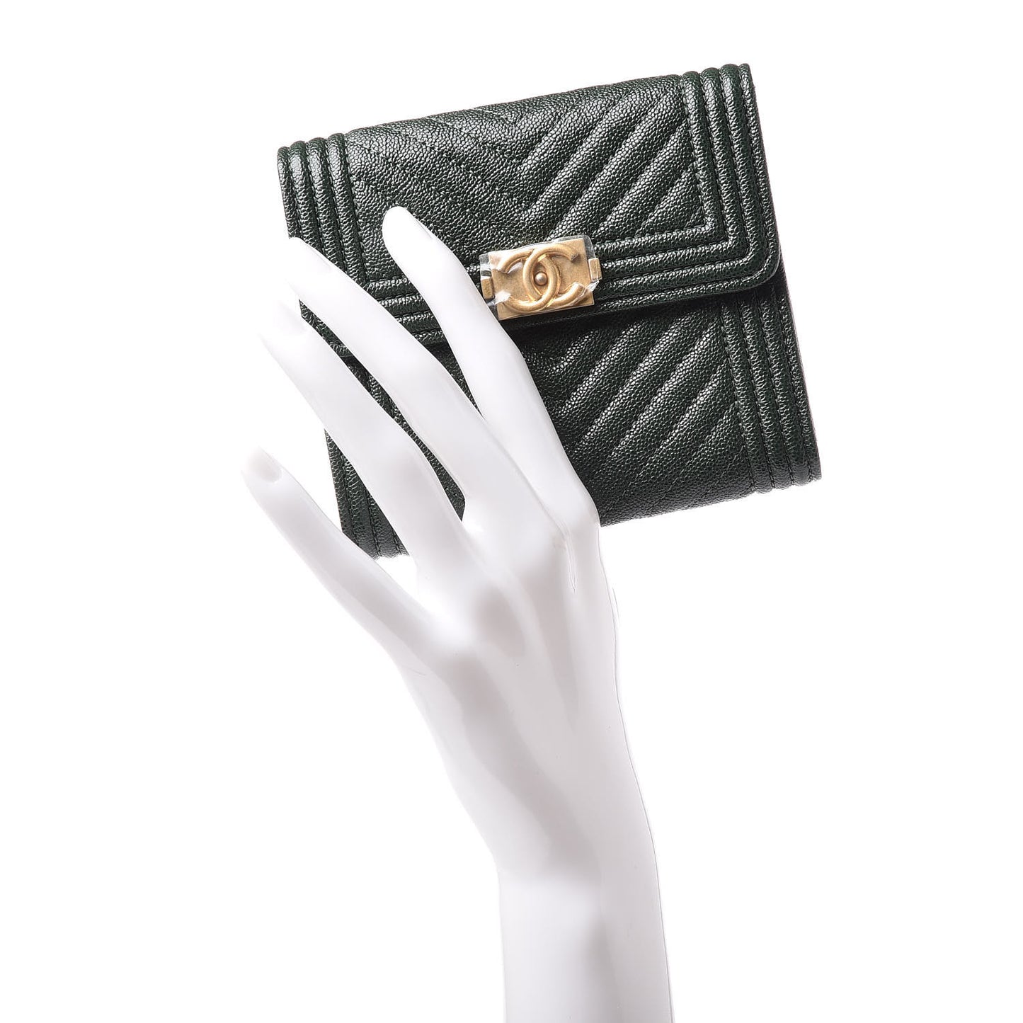 Caviar Chevron Quilted Boy Compact Wallet Dark Green