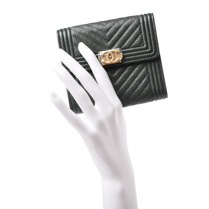 Chanel Caviar Chevron Quilted Boy Compact Wallet Dark Green 2 of 12
