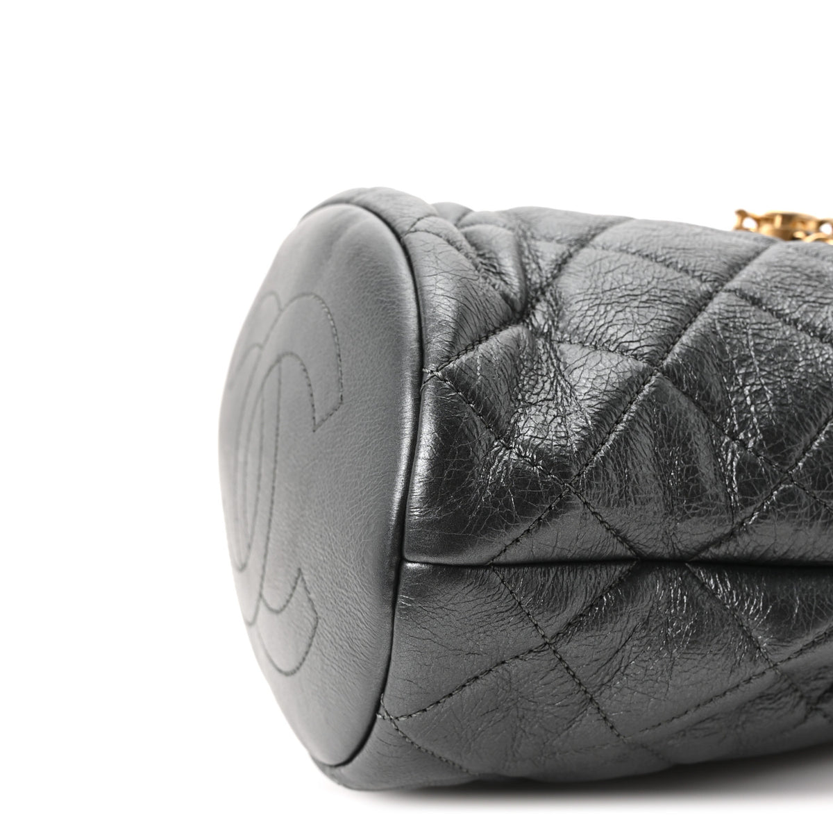 Metallic Lambskin Quilted Pearl Crown Drawstring Bag Anthracite