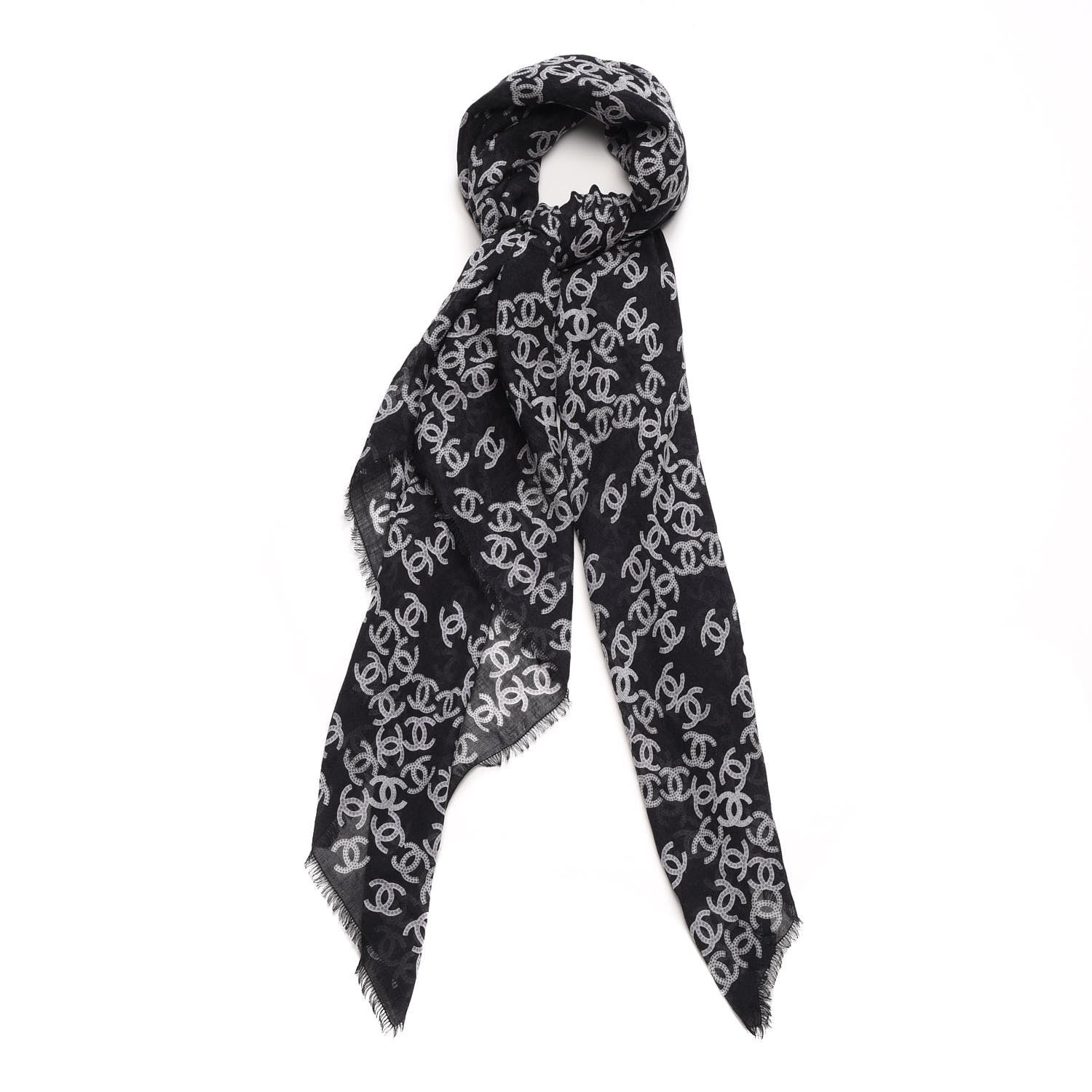 Chanel Cashmere Silk CC Logo Scarf Black White 1 of 5
