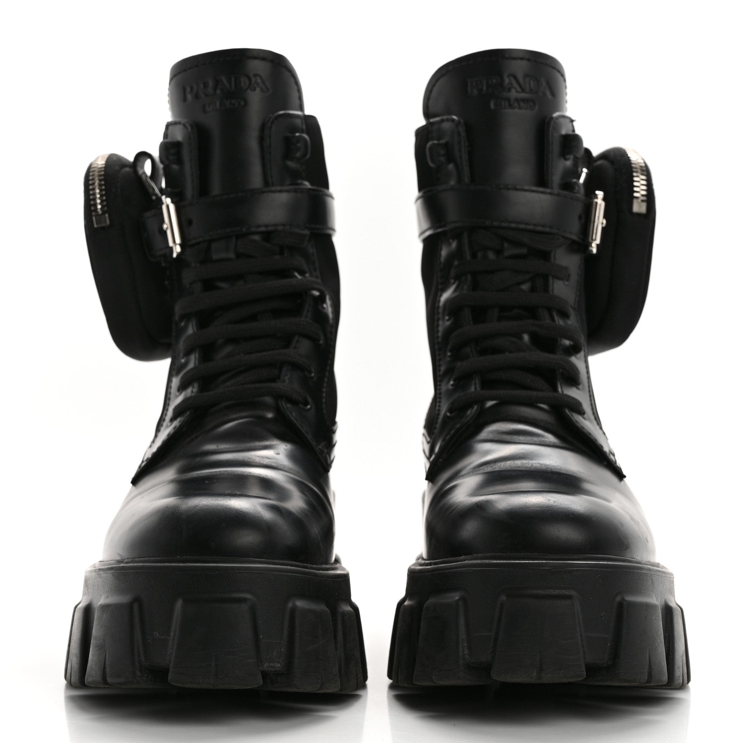 Prada Spazzolato Rois Re-Nylon Metal Triangle Logo Monolith Pouch Pocket 55mm Boots 38.5 Black 2 of 11