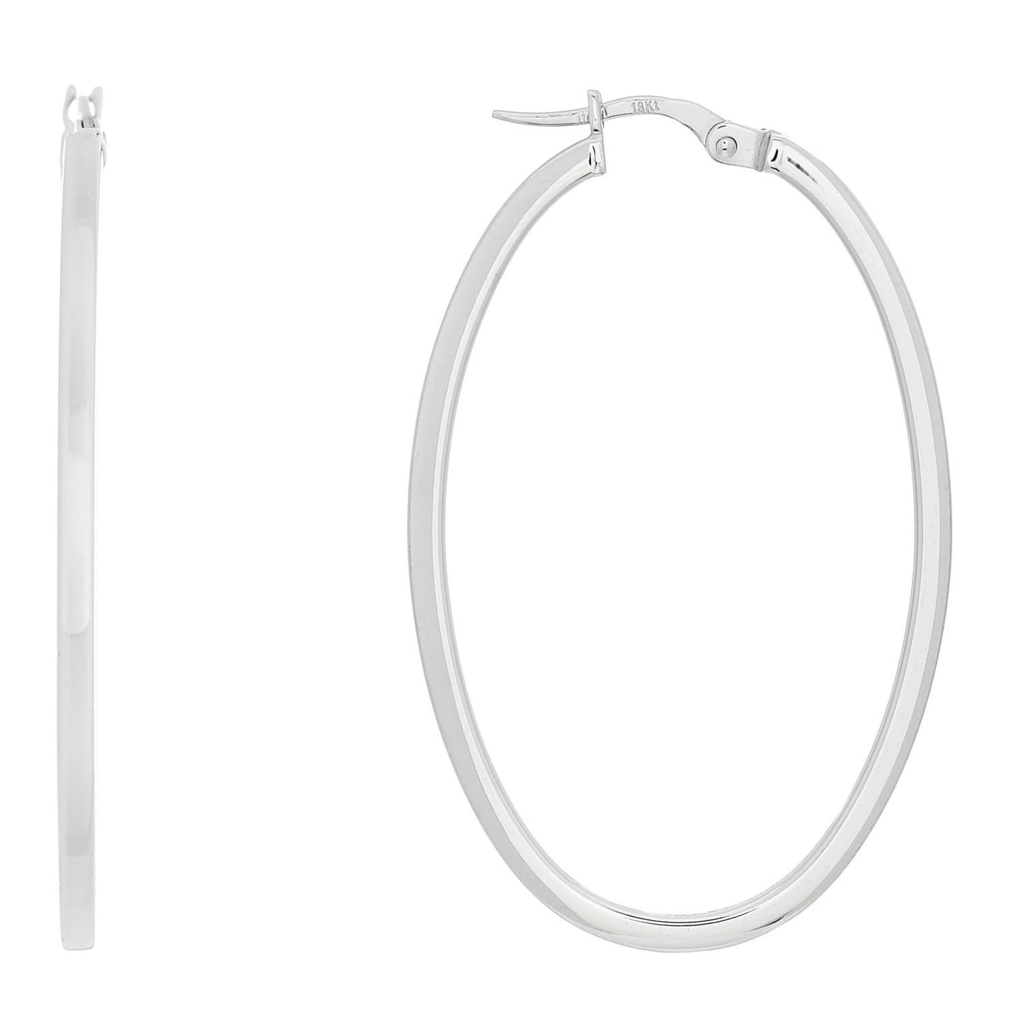 18K White Gold Large Square Edge Oval Perfect Hoop Earrings