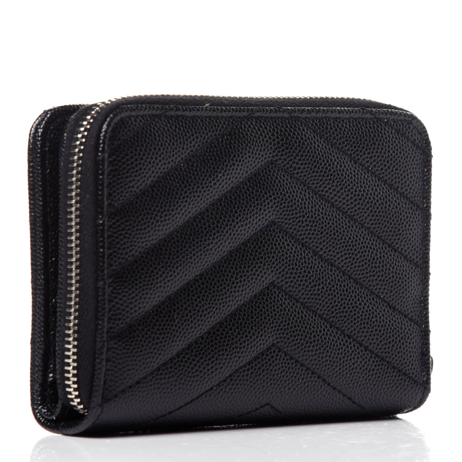 Saint Laurent Grain De Poudre Matelasse Chevron Monogram Compact Zip Around Wallet Black 3 of 10