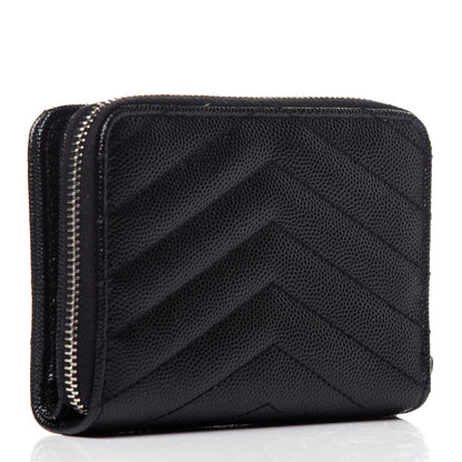 Saint Laurent Grain De Poudre Matelasse Chevron Monogram Compact Zip Around Wallet Black 3 of 10