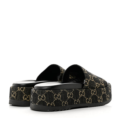 Gucci Jacquard Black Denim GG Monogram Angelina Platform 55mm Slide Sandals 37 Black Ivory 4 of 8