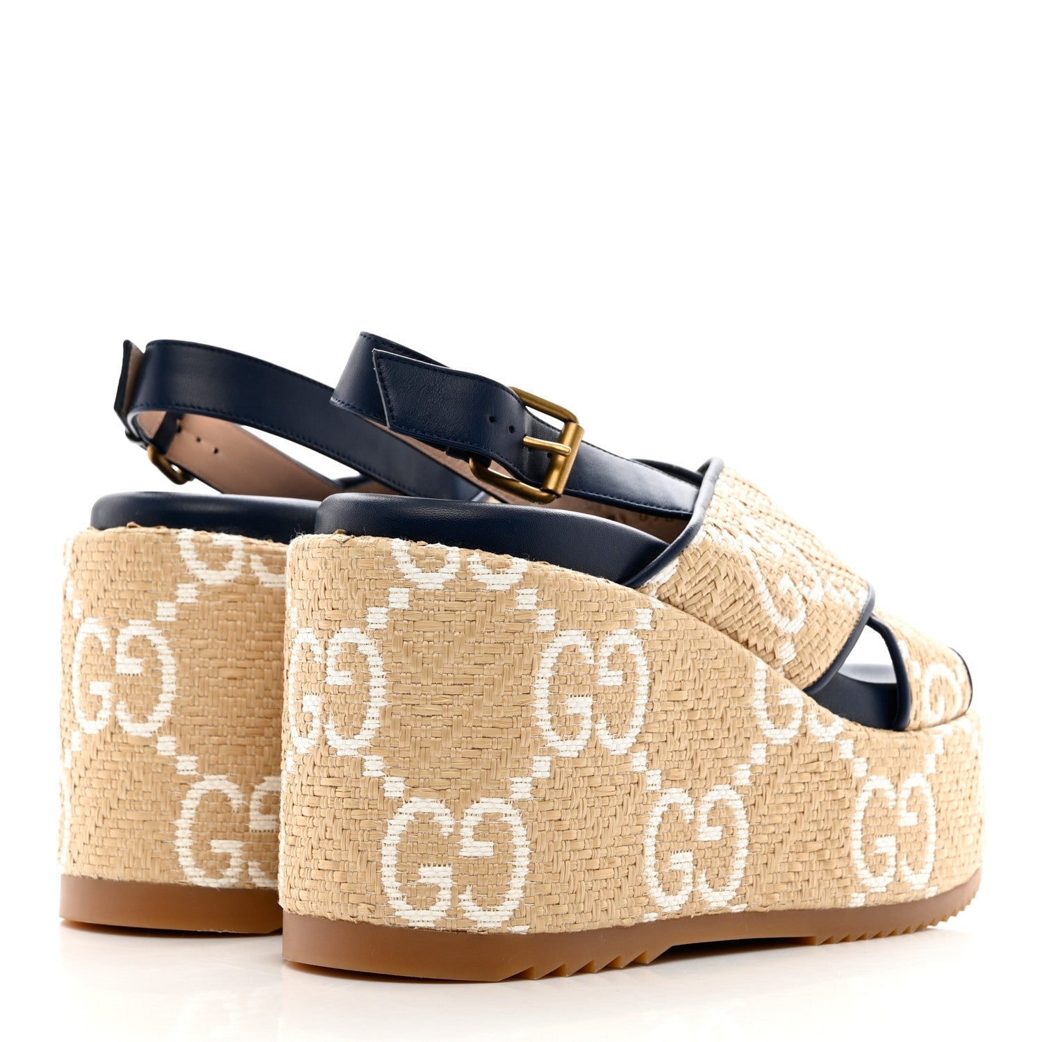 Gucci Raffia Nappa GG Monogram Angelina Platform Slingback Sandals 39.5 Natural Great White Blue Agata 4 of 11