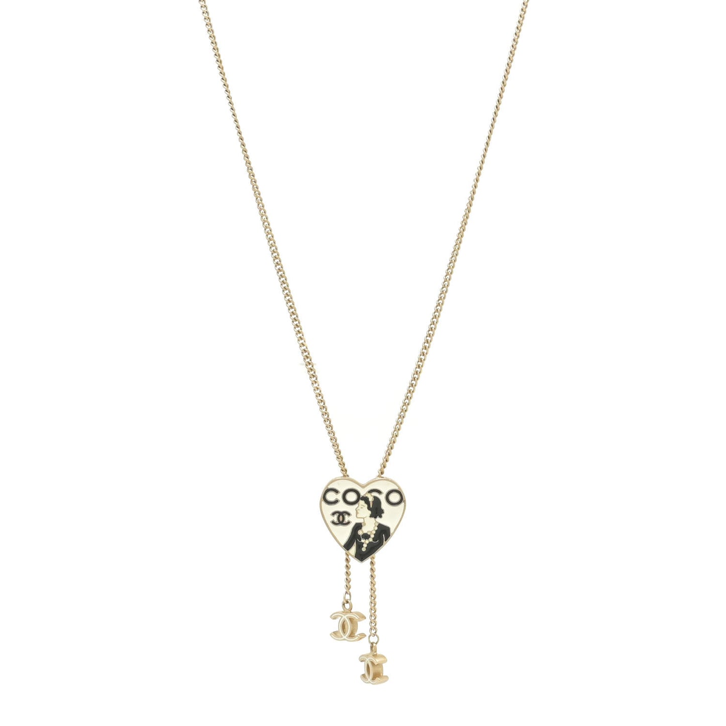 Enamel Coco Heart CC Lariat Necklace Light Gold