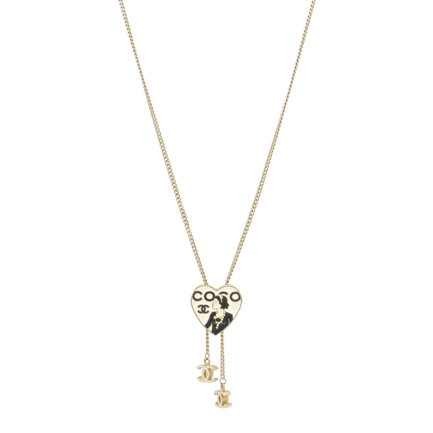 Chanel Enamel Coco Heart CC Lariat Necklace Light Gold 1 of 5