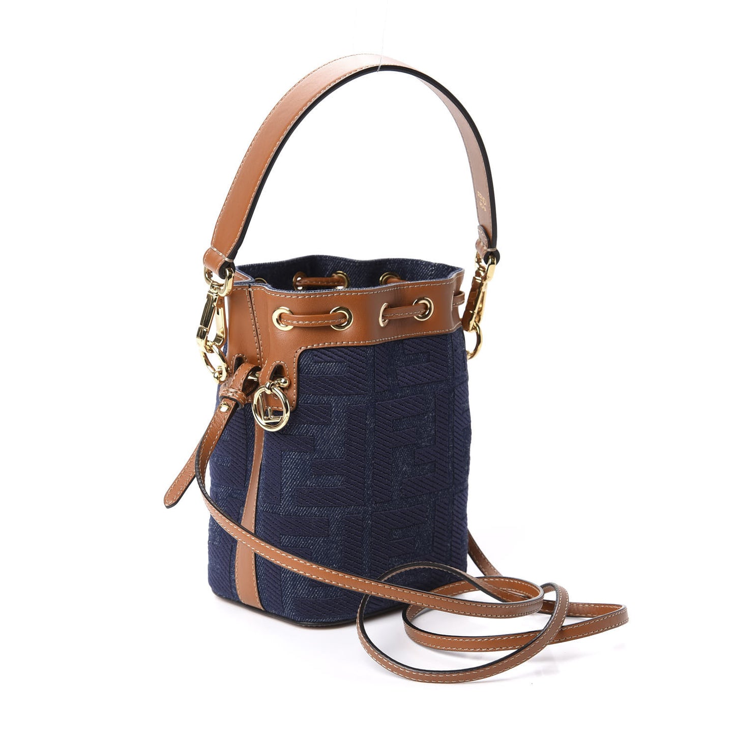 Denim Vitello King F is Fendi FF Embroidered Mini Mon Tresor Bucket Bag Blue Cuoio