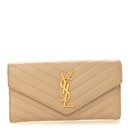 Saint Laurent Grain De Poudre Matelasse Chevron Monogram Flap Wallet Dark Beige 1 of 9