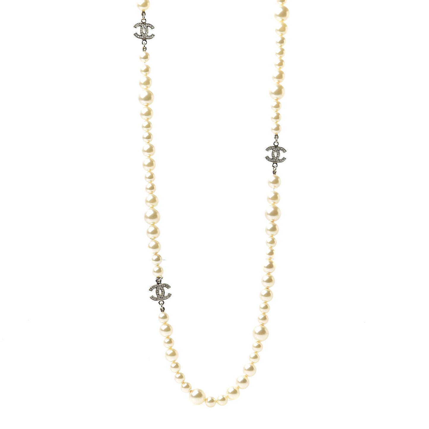 Pearl Crystal Long CC Necklace Gold