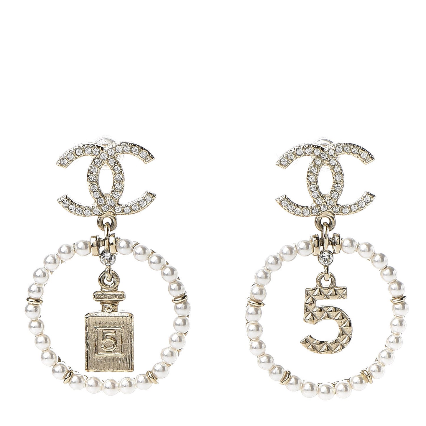 Crystal Pearl Charms CC Drop Earrings Gold