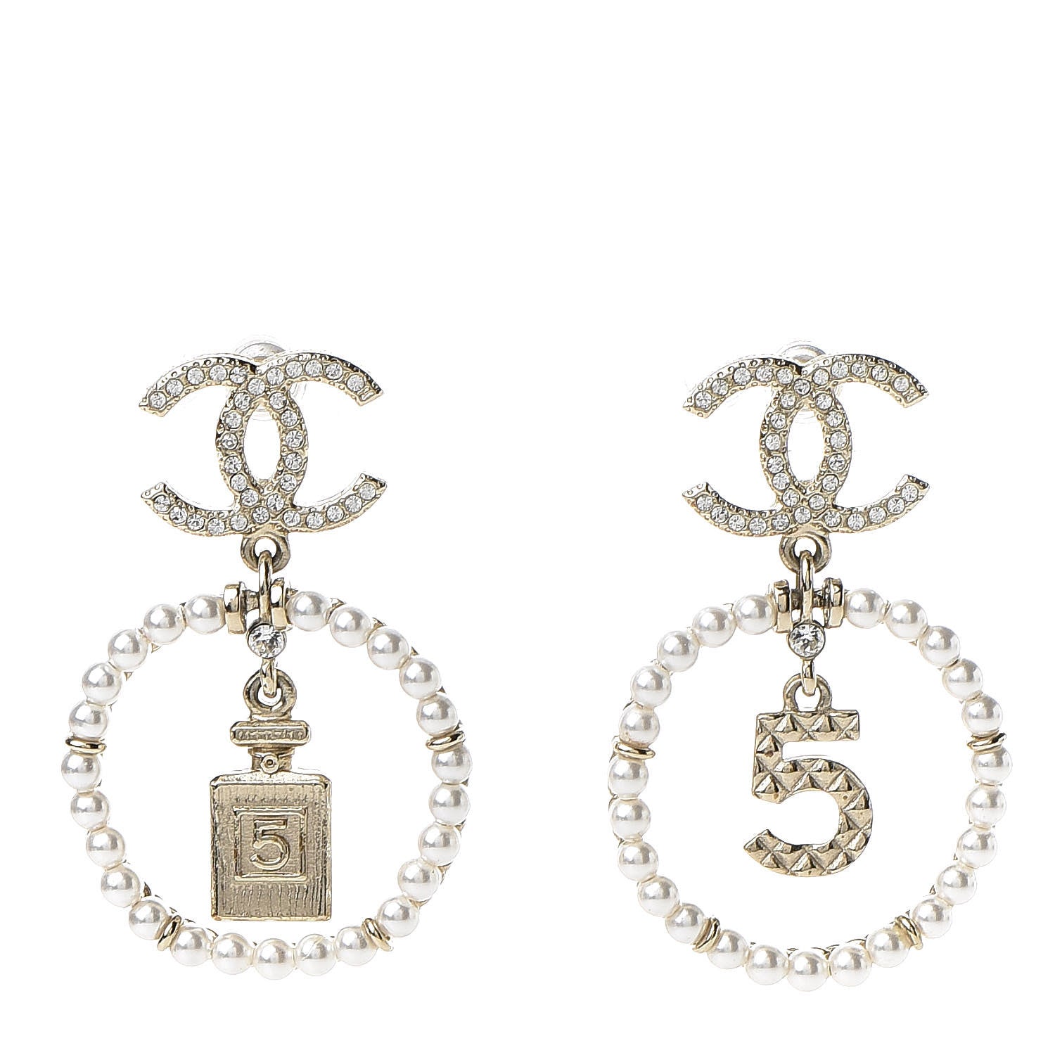 Chanel Crystal Pearl Charms CC Drop Earrings Gold 1 of 5
