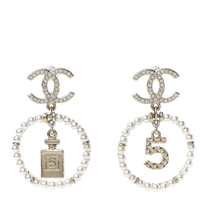 Chanel Crystal Pearl Charms CC Drop Earrings Gold 1 of 5