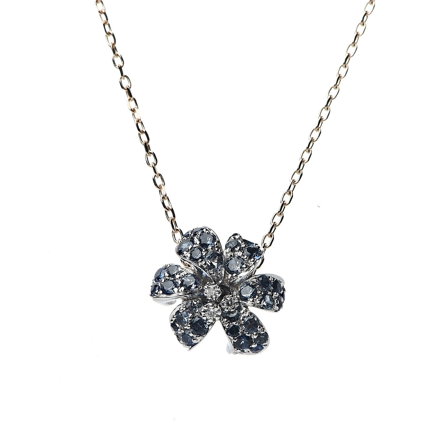 18K Rose Gold Diamond Blue Sapphire Flower Pendant Necklace