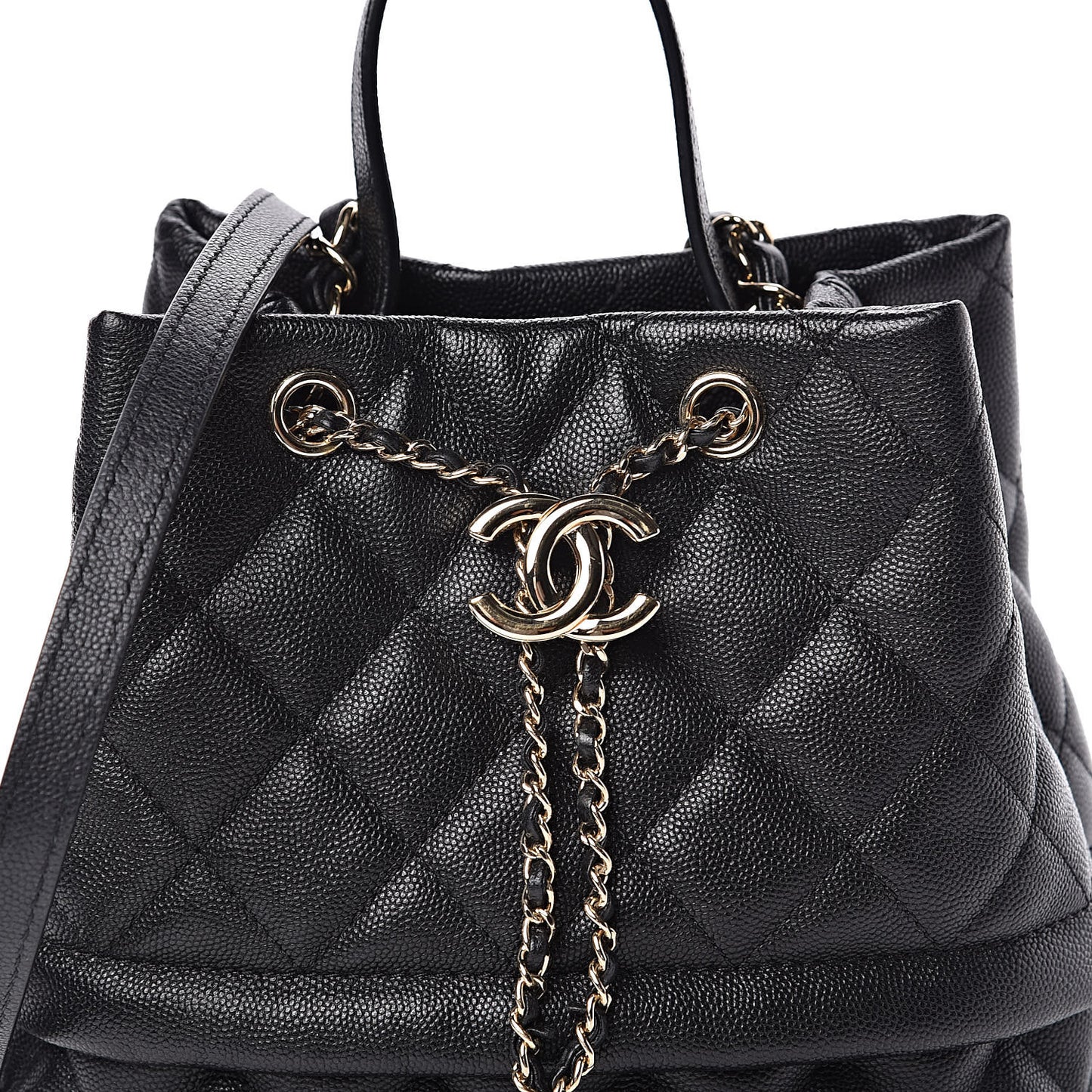 Caviar Quilted Large Rolled Up Bucket Drawstring Bag Black