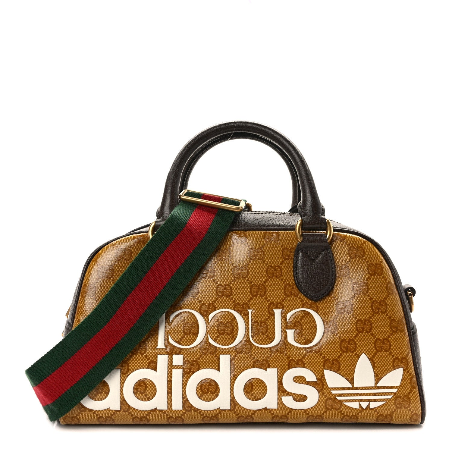 Gucci X ADIDAS Crystal Vintage Monogram Textured Dollar Calfskin Web Trefoil Logo Mini Bowling Bag Mid Natural Nut Off White New Acero 1 of 12