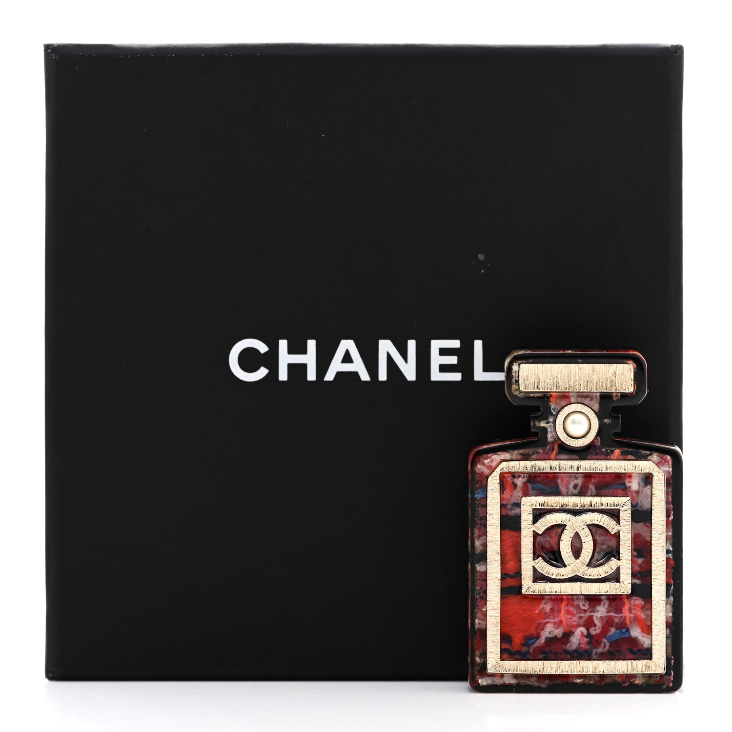Chanel Pearl Resin CC No 5 Perfume Bottle Brooch Red Black 5 of 5