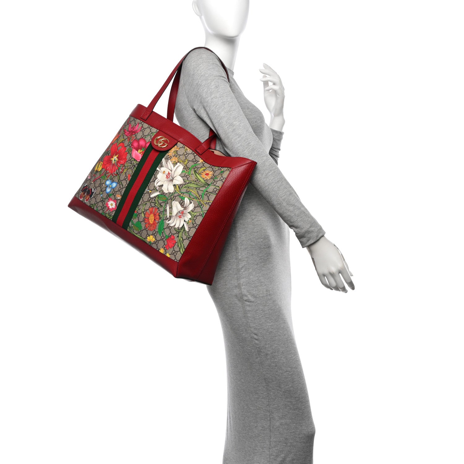 Gucci GG Supreme Monogram Flora Web Large Ophidia Tote Red 2 of 12