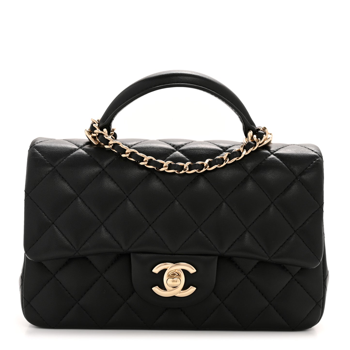 Lambskin Quilted Mini Top Handle Rectangular Flap Black