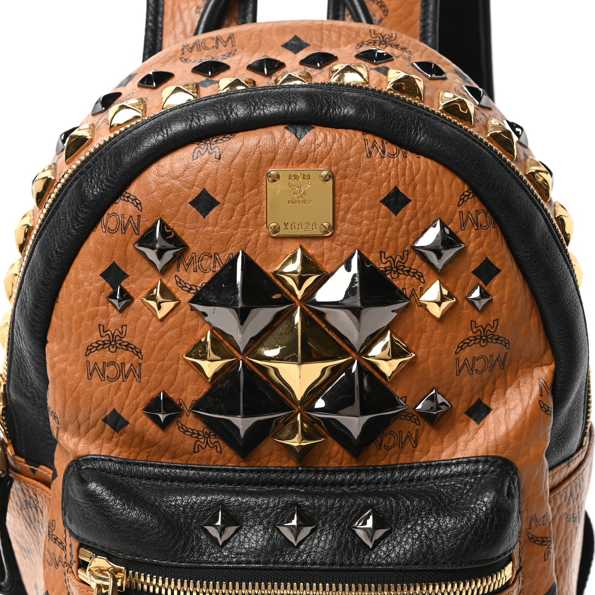 MCM Cognac And Black Visetos Backpack MCM Striped Visetos Roll Top Backpack Black Cognac 631277  main image 2