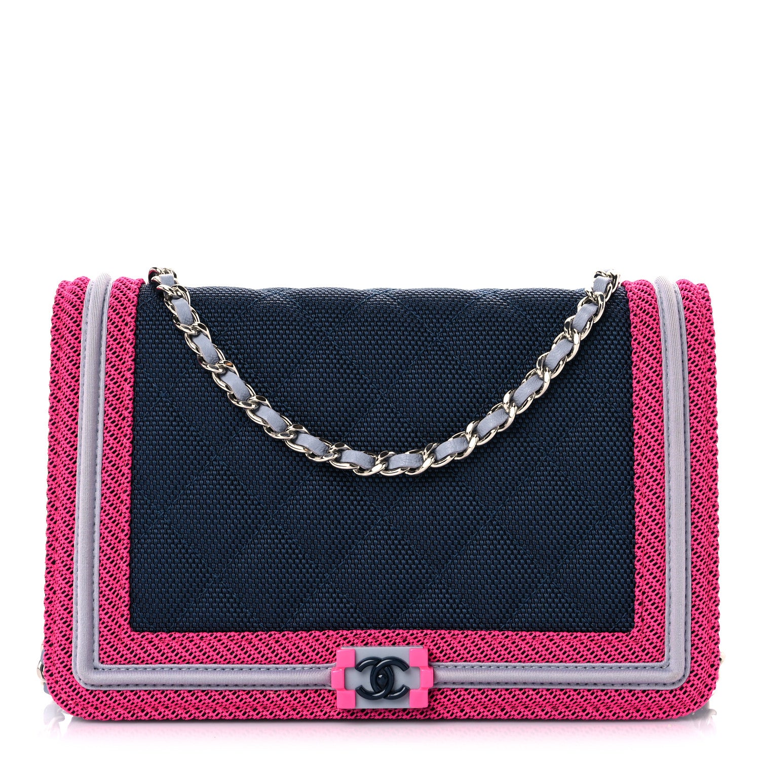 Chanel Canvas Quilted Fluo Boy Wallet On Chain WOC Dark Navy Fuchsia Grey 1 of 12
