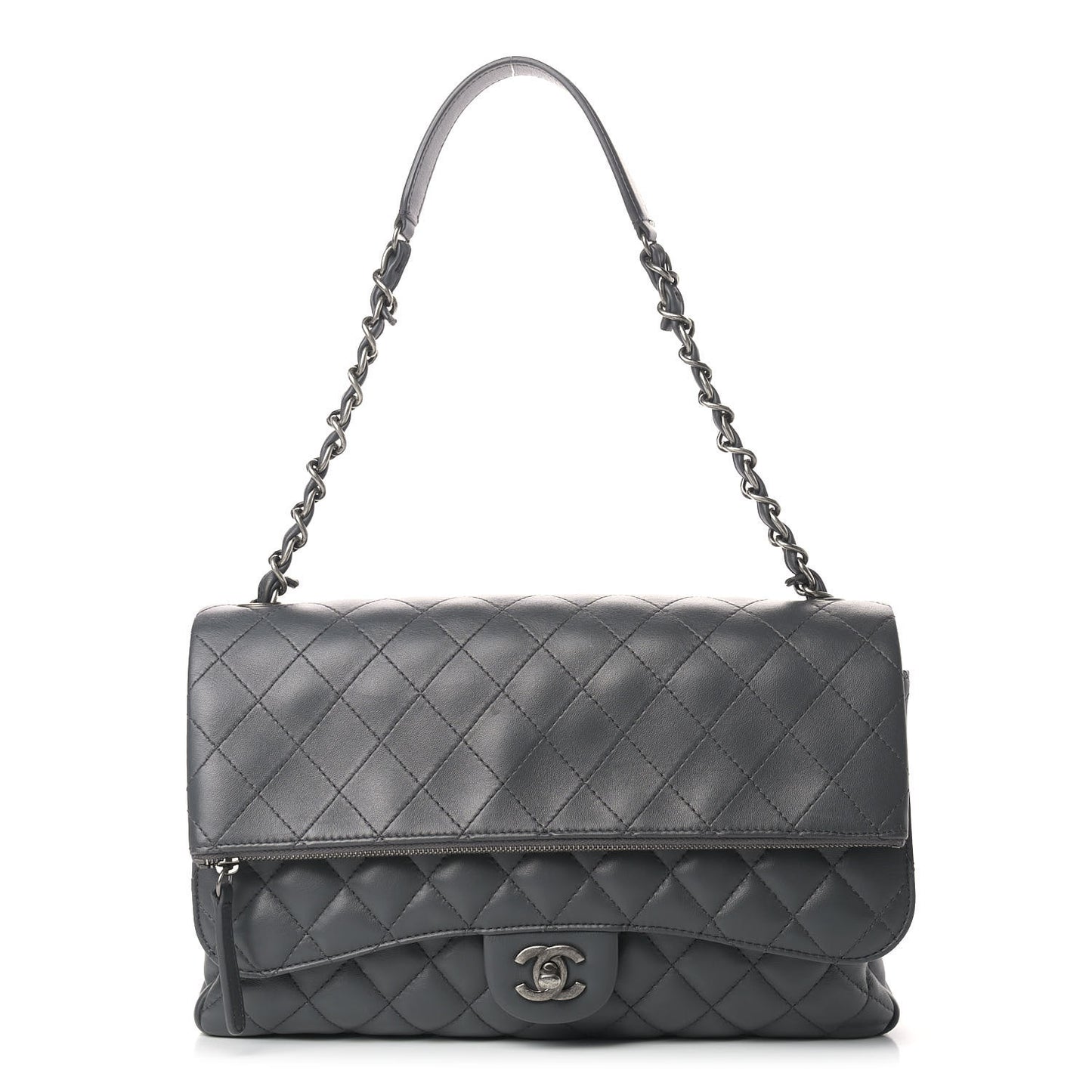 Lambskin Quilted Jumbo Multi Flap Bag Dark Grey