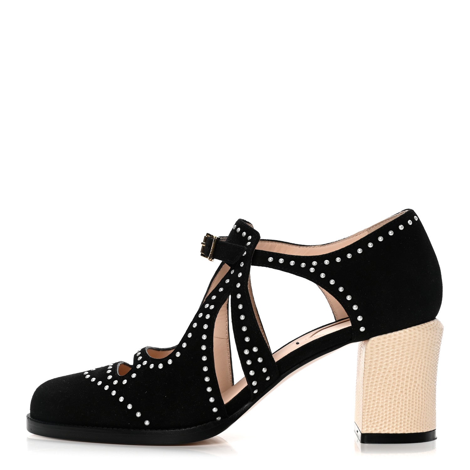 Fendi Suede Faux Lizard Pearl Embellished 36.5 Black 1 of 9