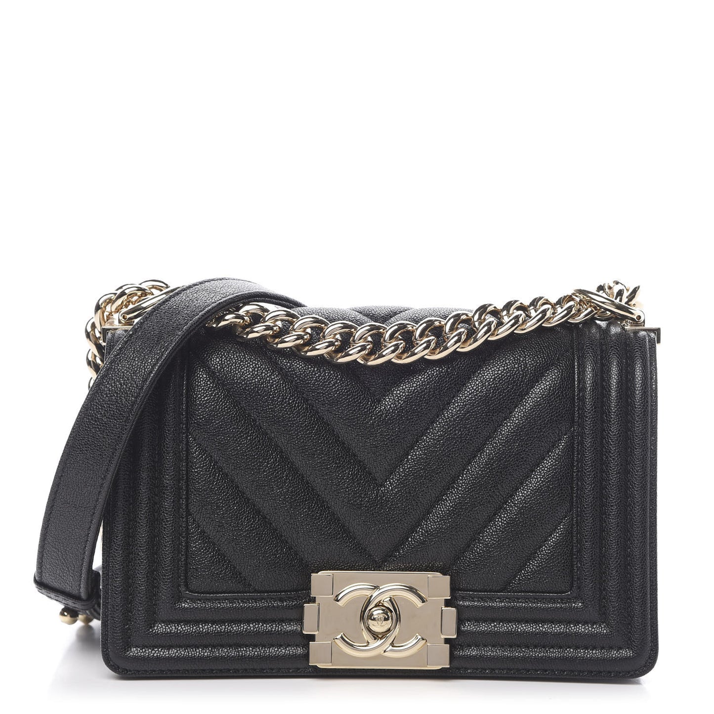 Caviar Chevron Quilted Small Boy Flap Black