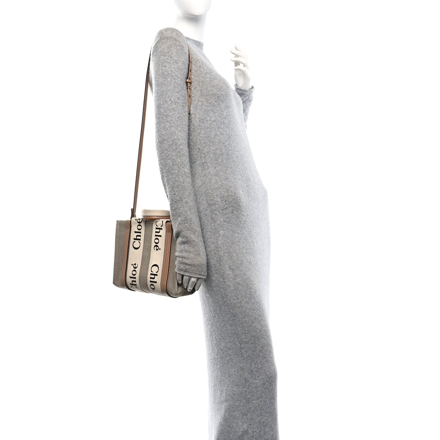 Linen Calfskin Small Woody Ribbon Tote With Strap White Light Brown