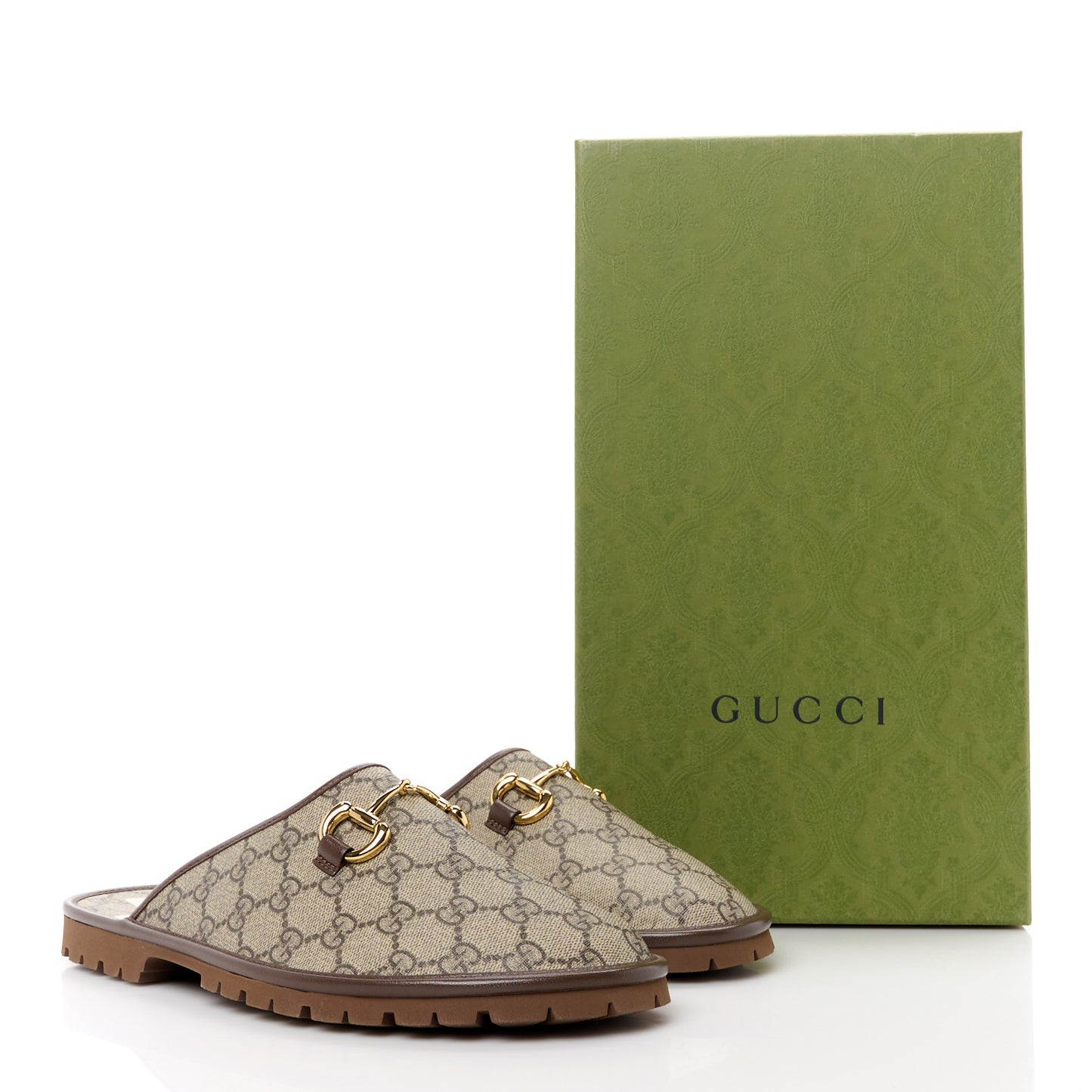 GG Supreme Monogram Granada Kid Mens Horsebit Lug Sole Mules 8 Beige Ebony New Acero