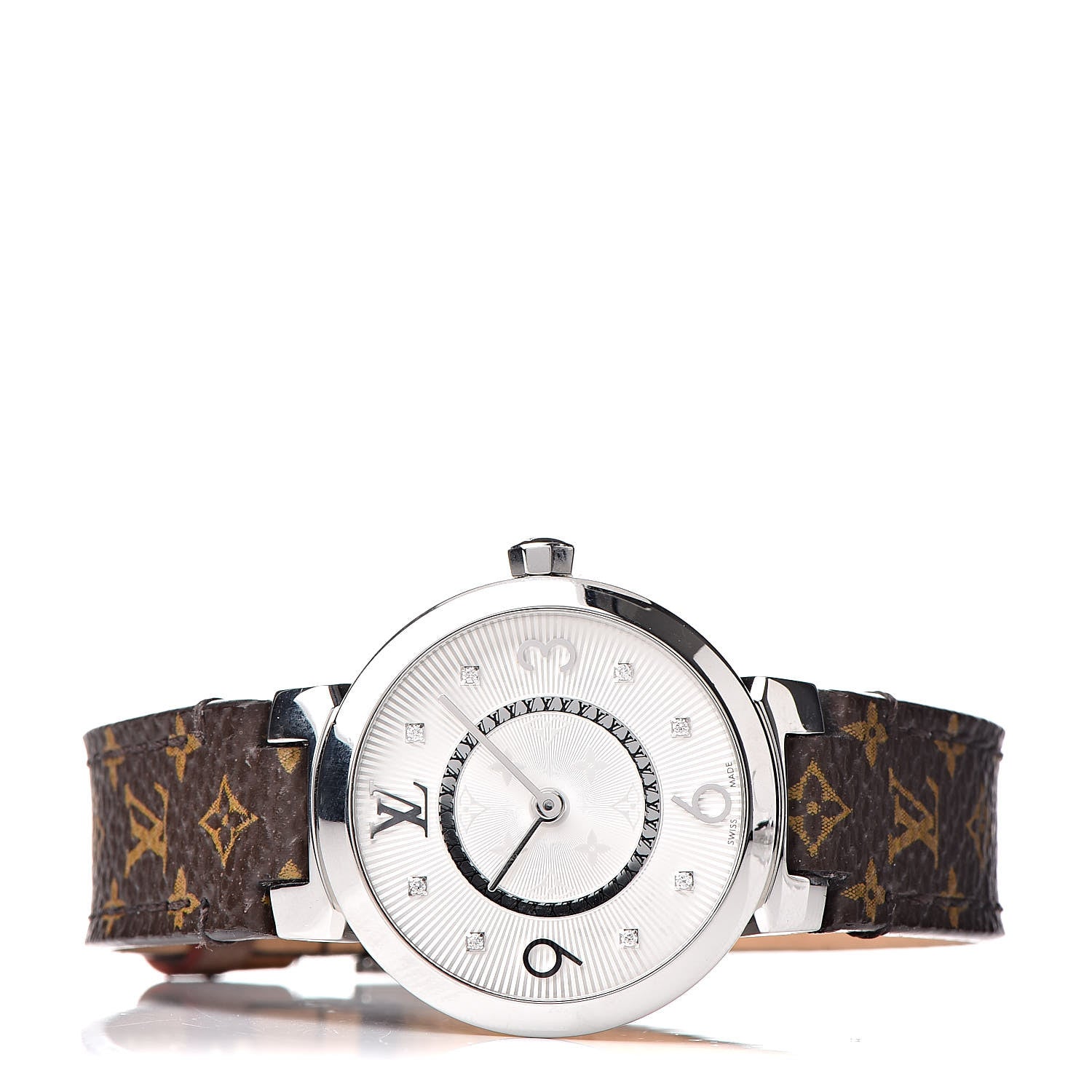 Louis Vuitton Stainless Steel Monogram Diamond 28mm Tambour Slim Quartz Watch 3 of 10