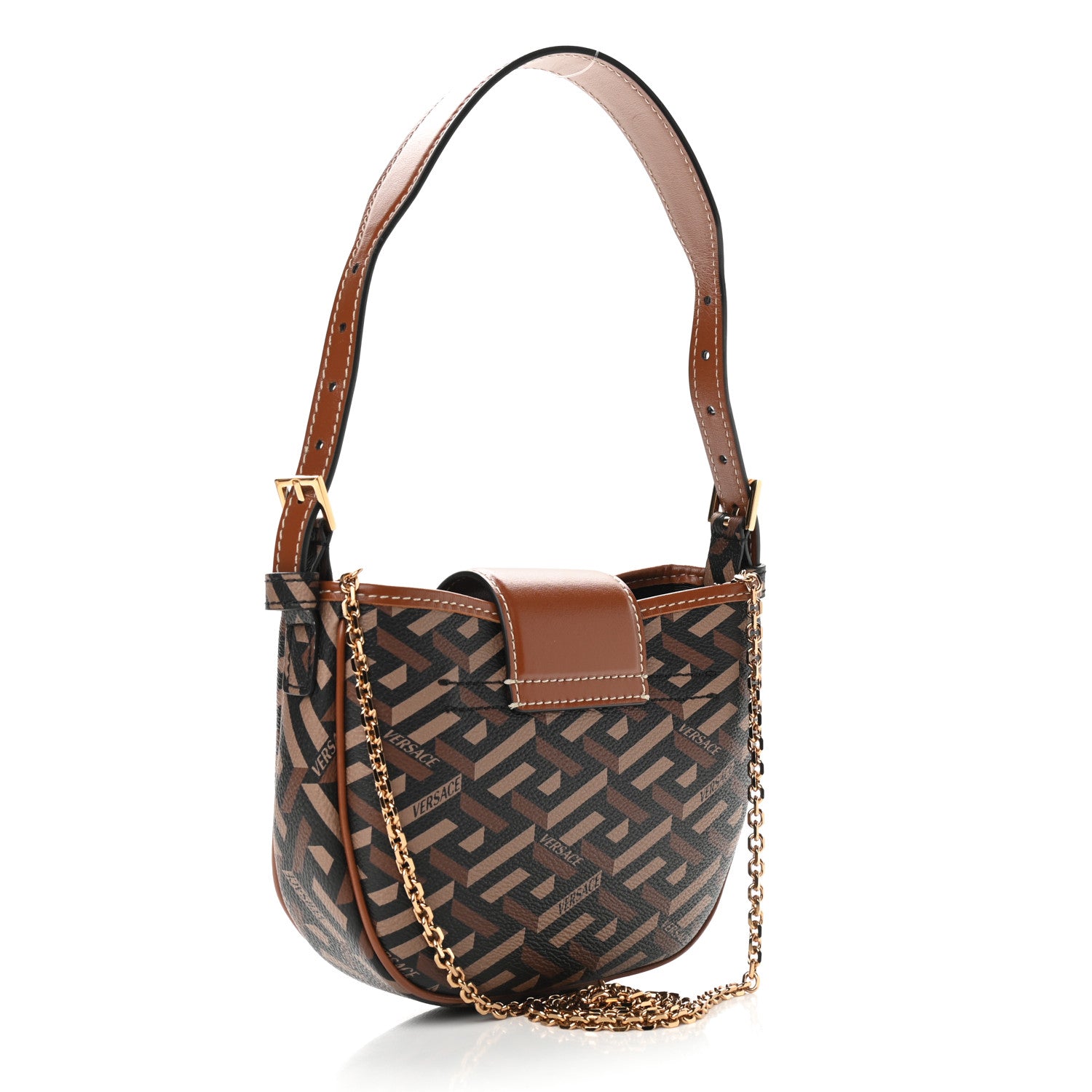 Versace Coated Canvas La Greca Signature Shoulder Bag Black Caramel 3 of 8