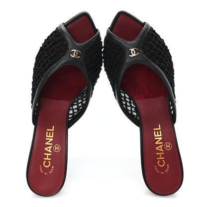 Chanel Mesh Cotton Lambskin CC Coco Beach Mules 40 Black 2 of 9
