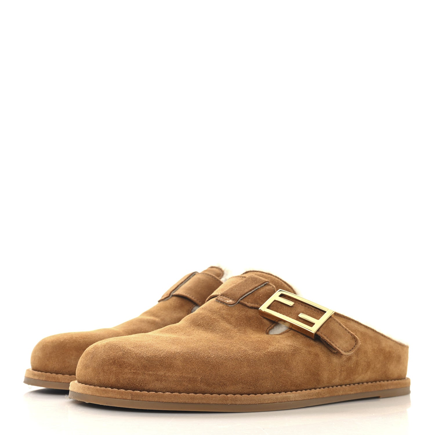 Fendi Suede Shearling Fendi Feel Buckled Clogs 39 Caramel Latte 4 of 9