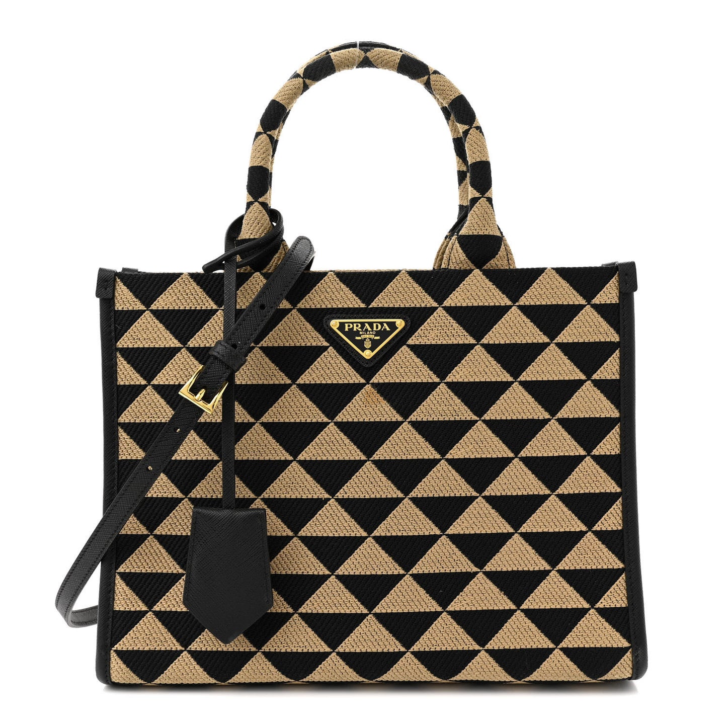 Jacquard Saffiano Triangolo Symbole Embroidered Small Tote Black Corda