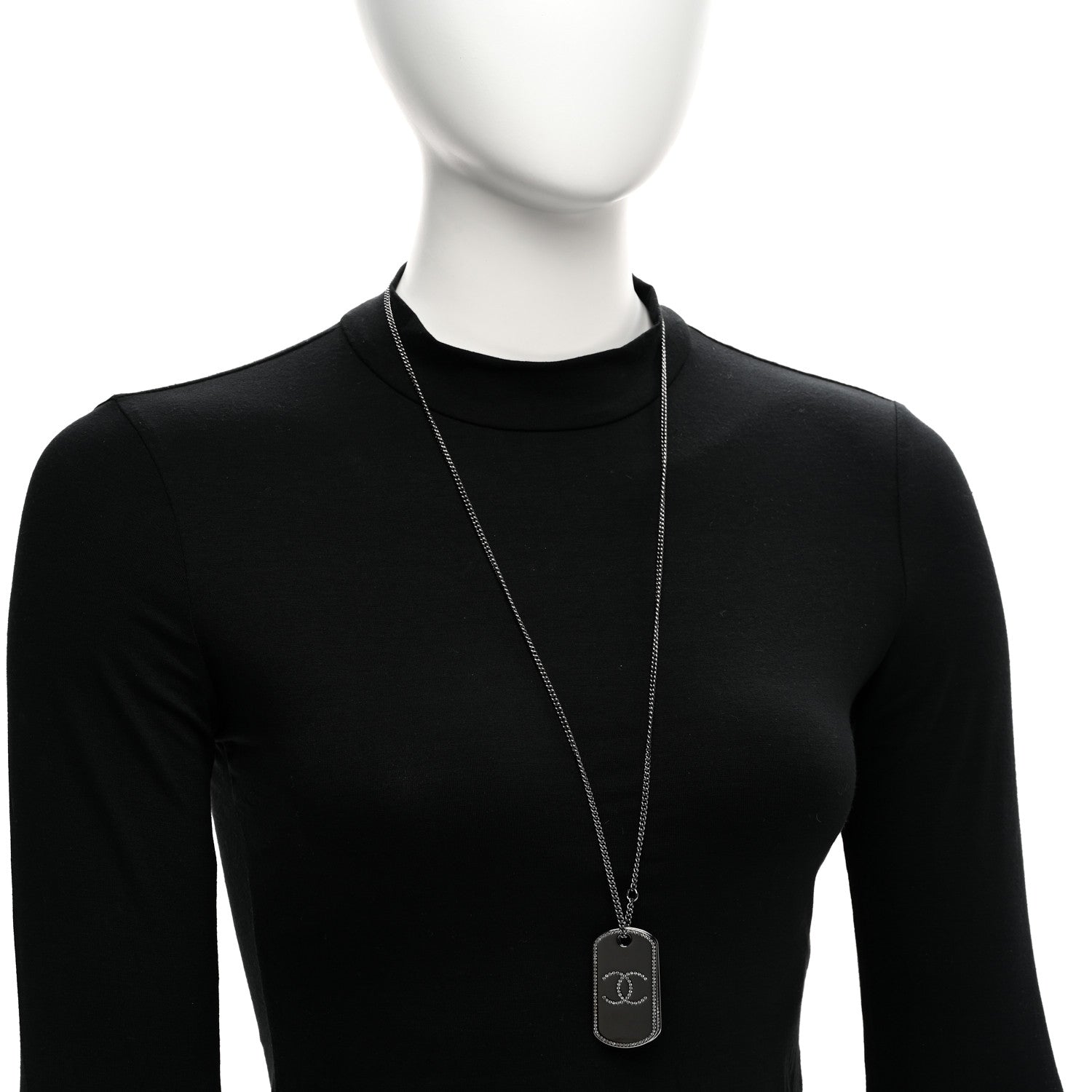 Chanel Metal Crystal Ruthenium Dog Tag Charm Necklace Black 2 of 6