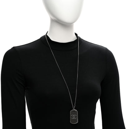 Chanel Metal Crystal Ruthenium Dog Tag Charm Necklace Black 2 of 6