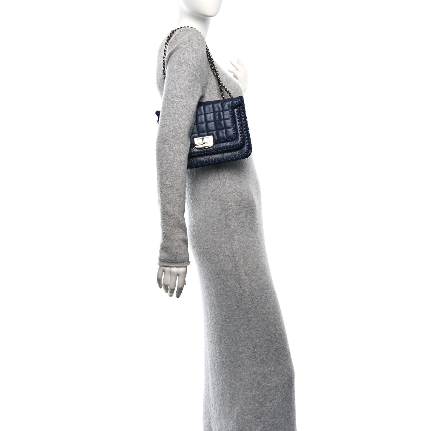 Aged Calfskin Square Quilted Mademoiselle Crochet Flap Navy