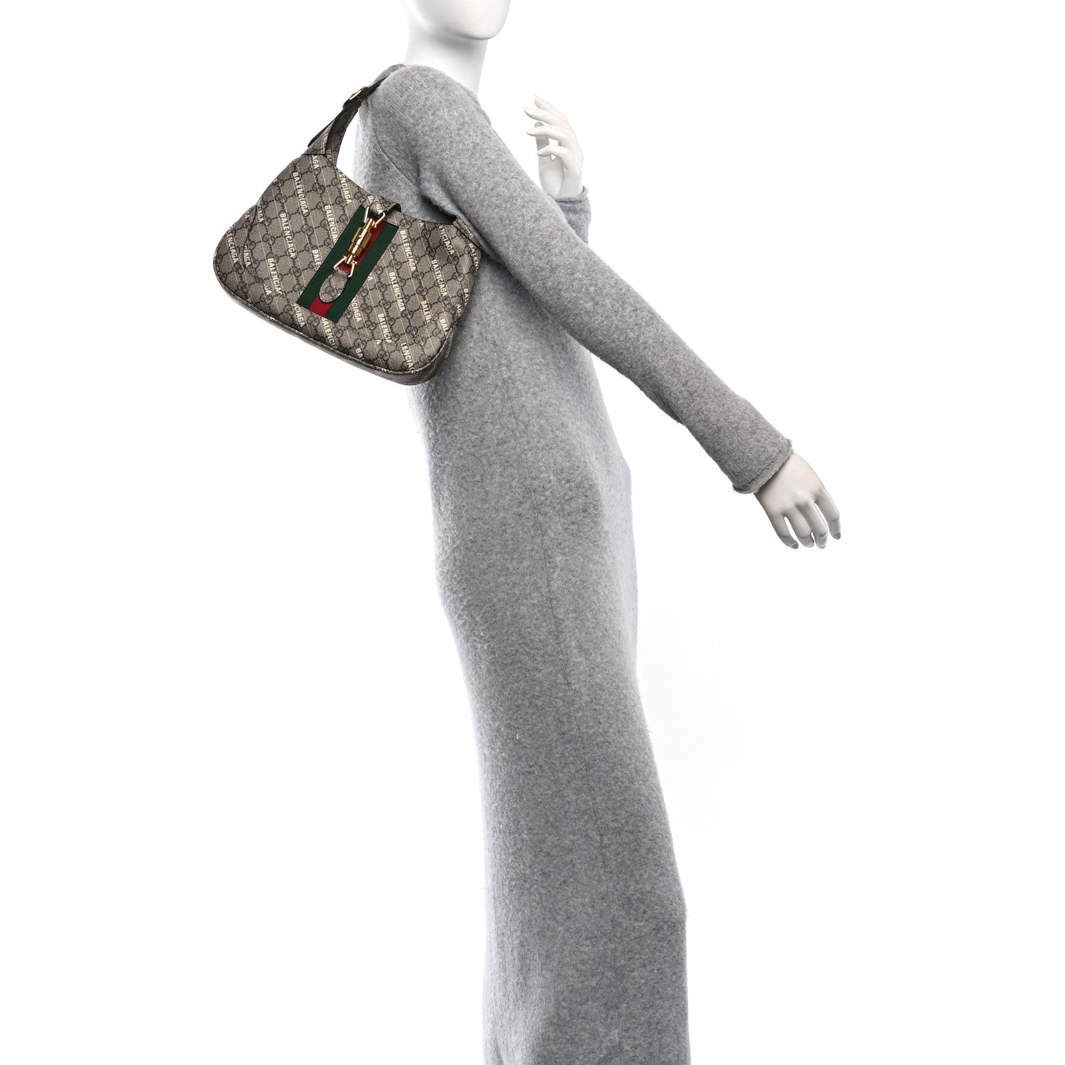 Gucci X BALENCIAGA GG Supreme Monogram Striped Logo Print Web Small Jackie 1961 Hobo Beige Ebony Mystic White 2 of 10