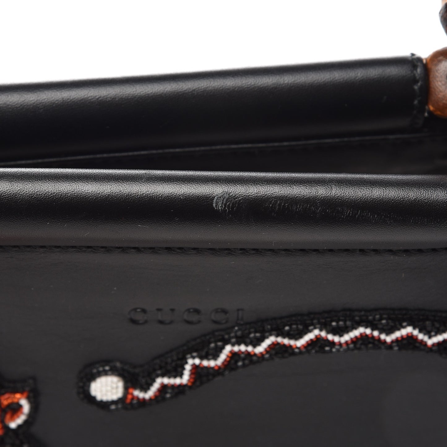 Nappa Bamboo Embroidered Medium Nymphaea Top Handle Bag Black