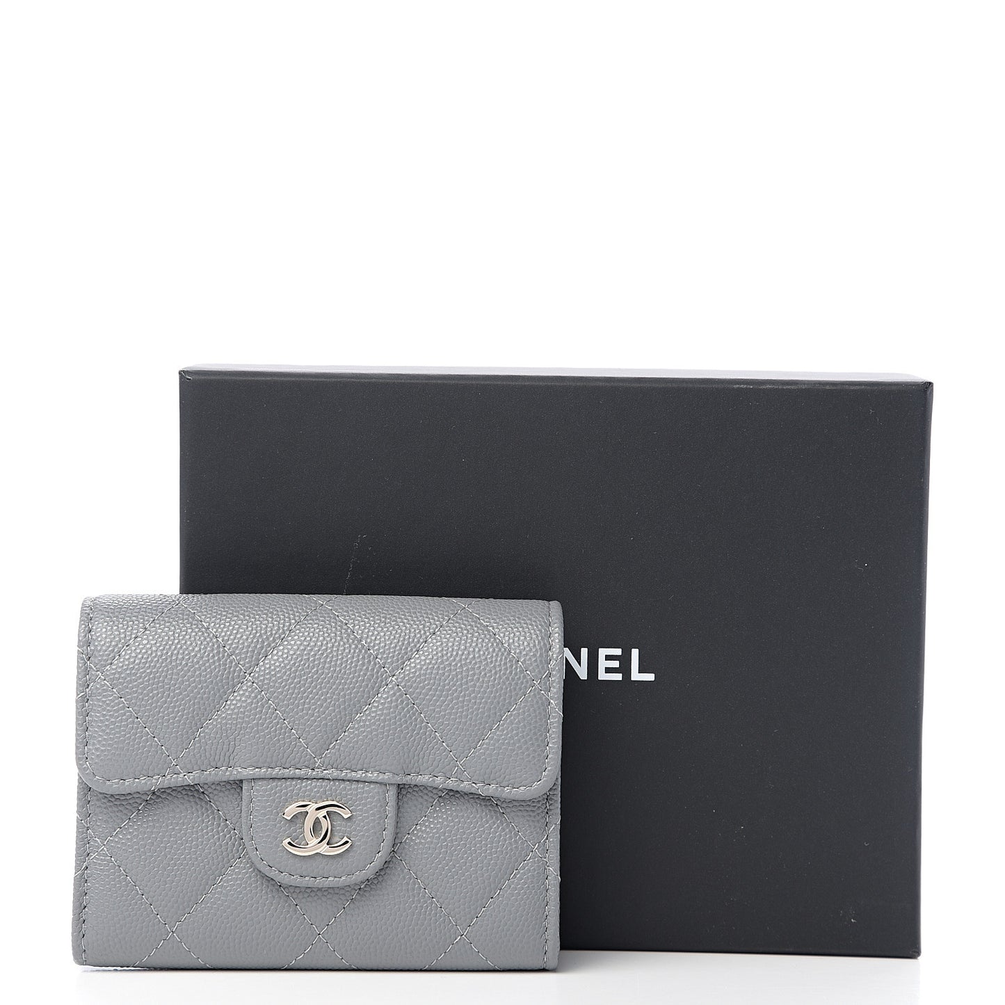 Caviar Quilted Flap Card Holder Wallet Dark Grey