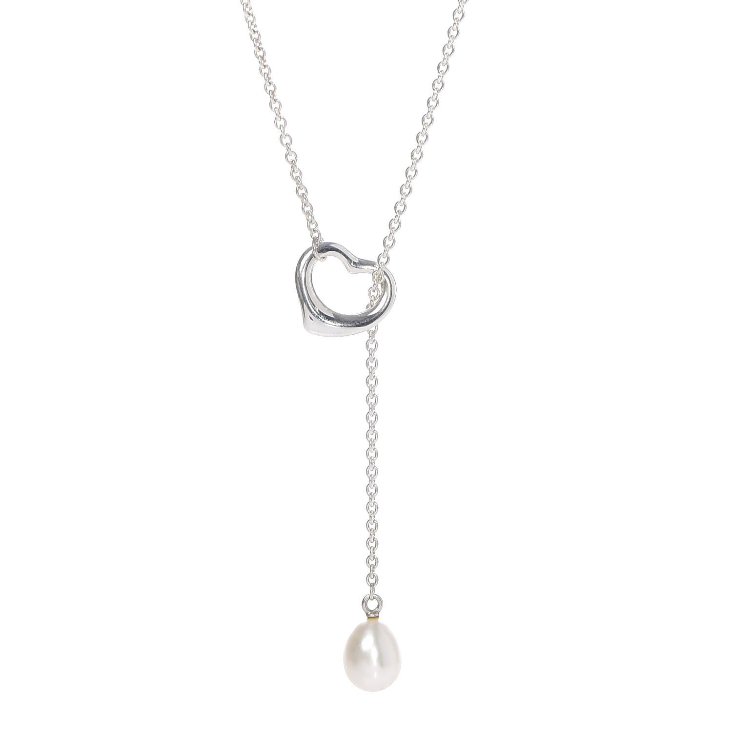 Tiffany Sterling Silver Pearl 9-9.5mm Elsa Peretti Open Heart Lariat Necklace 4 of 6