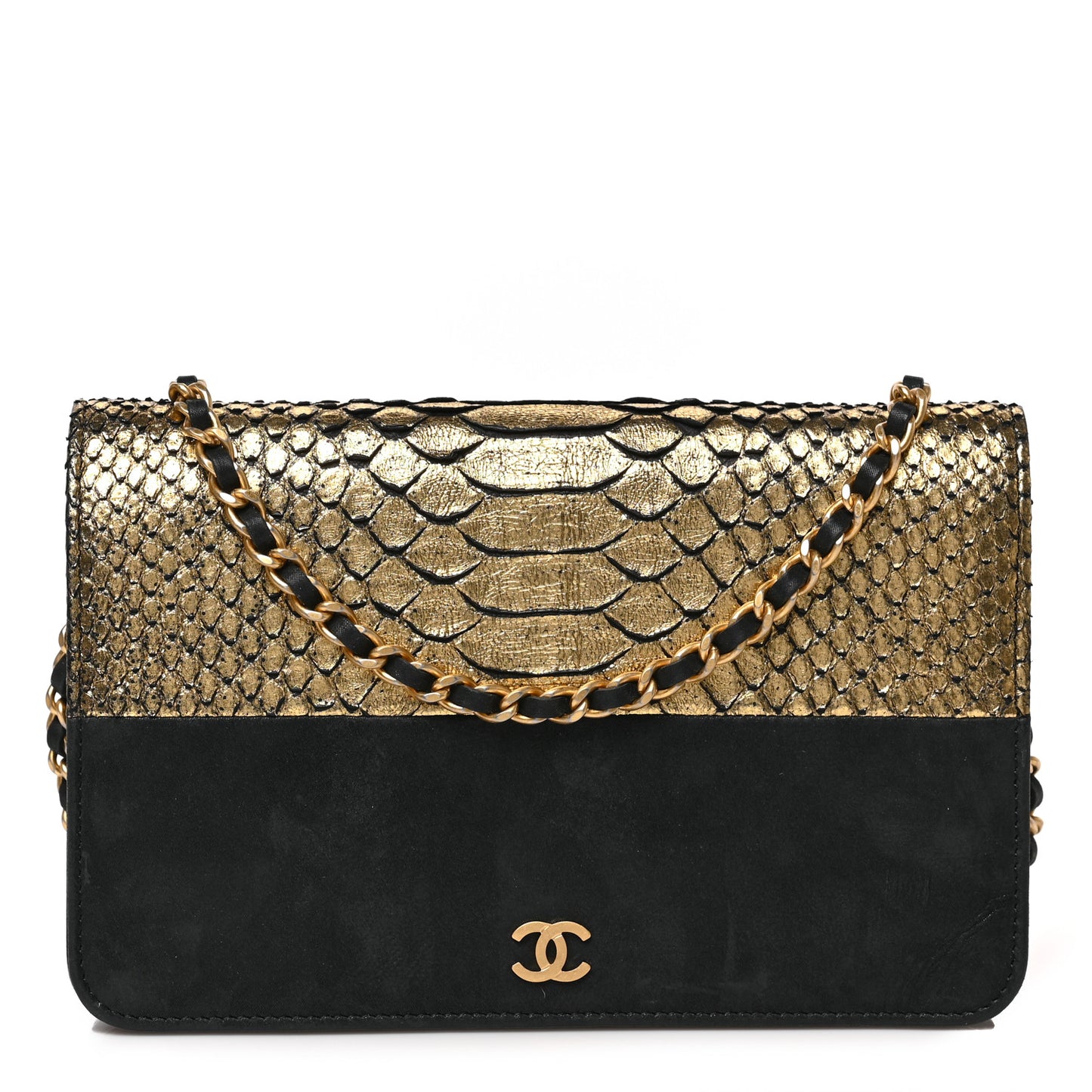 Snakeskin Iridescent Calfskin Wallet On Chain WOC Gold Black