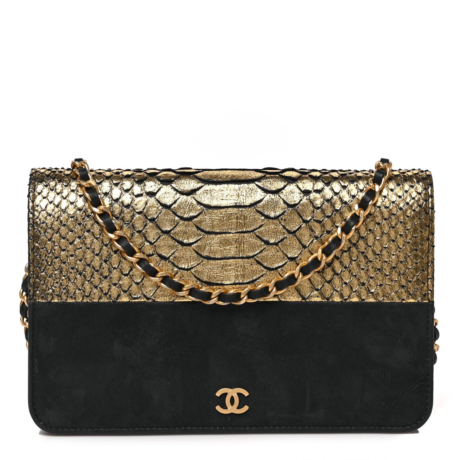Chanel Snakeskin Iridescent Calfskin Wallet On Chain WOC Gold Black 1 of 8
