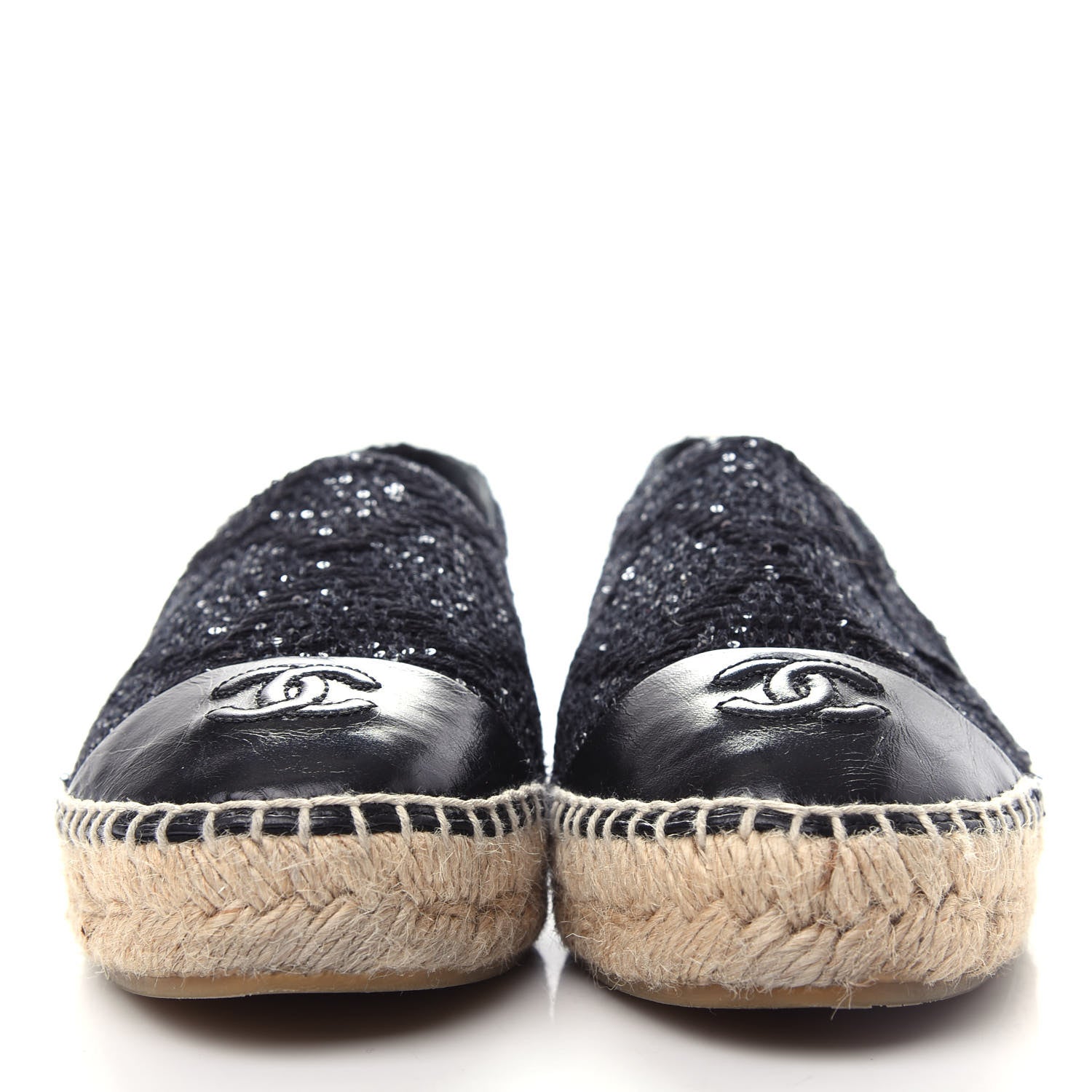 Chanel Tweed Patent Goatskin Sequin CC Espadrilles 38 Black 2 of 11